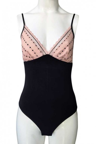 Body de Algodón y Encaje Rosa Negro