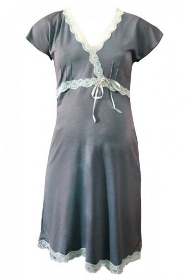 Camisón de Algodón Margarita Gris Jaspeado Blondas Ivory
