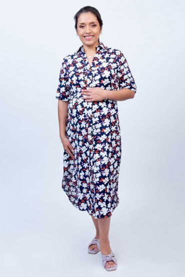 Vestido Camisero Materno Lita Azul Flores Blancas