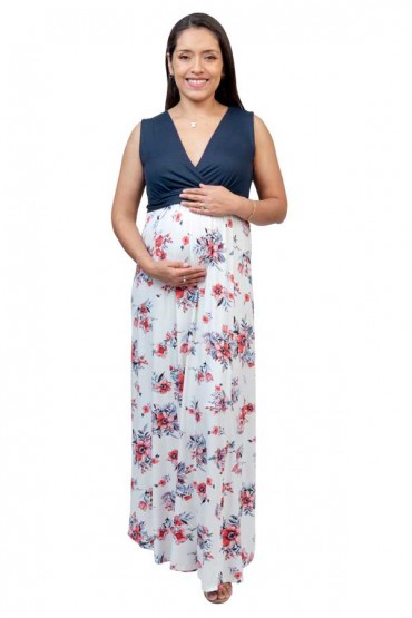 Vestido de Maternidad y Lactancia Erika Azul Flores Ivory