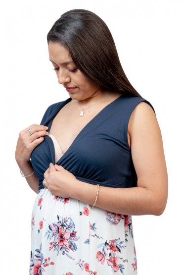 Vestido de Maternidad y Lactancia Erika Azul Flores Ivory