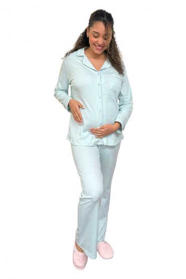 Pijama Lactancia De Algodón Pima Paige Celeste Puntos