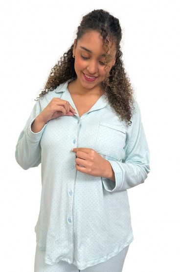 Pijama Lactancia De Algodón Pima Paige Celeste Puntos