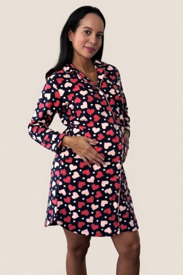 Camisón maternal y postparto Polar Corazones Rojos