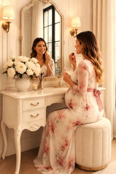Vestido Baby Shower Lilian Ivory Flores Rosadas Largo