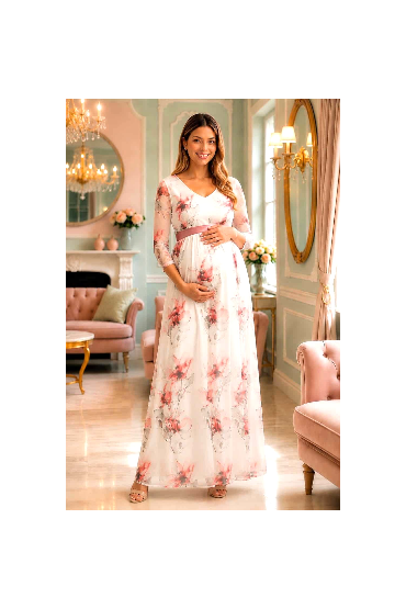 Vestido Baby Shower Lilian Ivory Flores Rosadas Largo