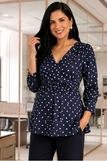 Blusa de Maternidad manga 3/4 azul lunares