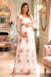 Vestido Baby Shower Lilian Ivory Flores Rosadas Largo