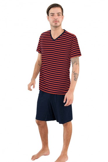Pijama Hombre manga corta a rayas terracota con short azul