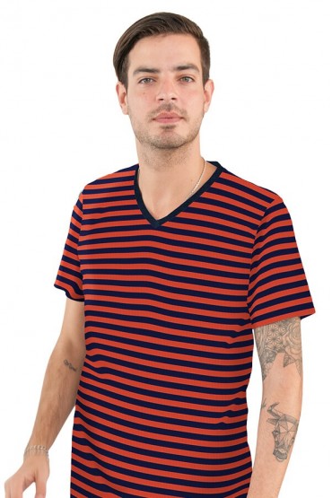 Pijama Hombre manga corta a rayas terracota con short azul
