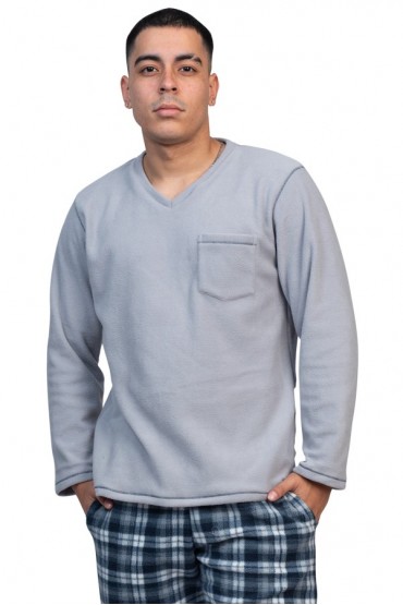 Pijama Hombre invierno Polar Gris Cuadros Azul