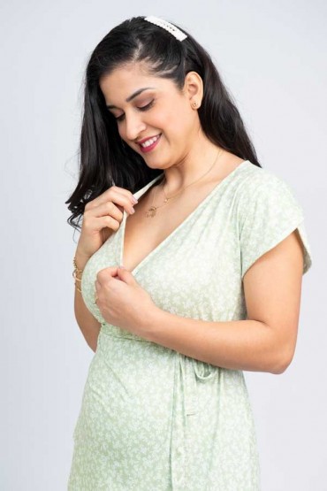 Vestido de Maternidad y Lactancia Clio Verde Flores Blancas