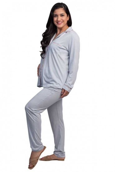 Pijama de Lactancia Paige Celeste Gris Manga Larga