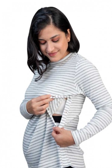 Polo de Maternidad y Lactancia Linda Ivory Rayas Grises