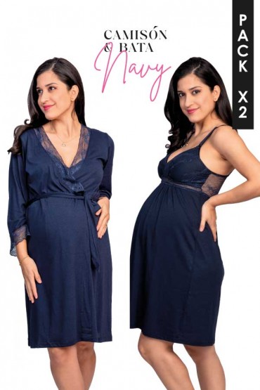 Pack Pijamas - Camisón de Lactancia y Bata Navy