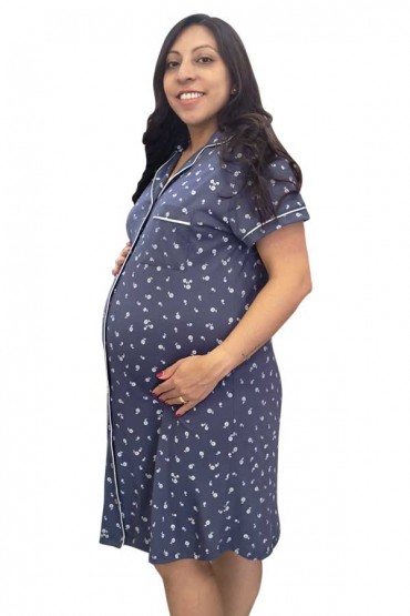 Camisero Maternidad y Lactancia Algodon Pima Paige MC Azul Flores Blancas