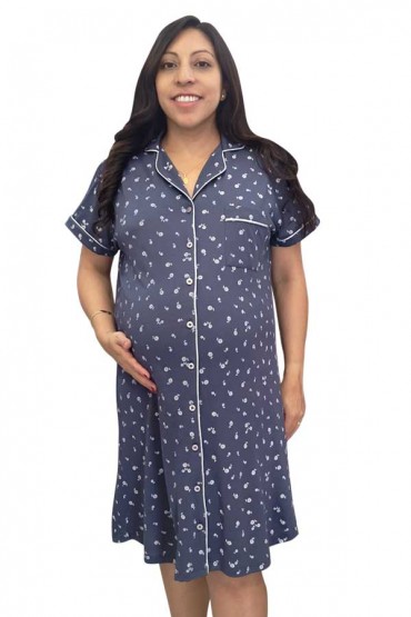 Camisero Maternidad y Lactancia Algodon Pima Paige MC Azul Flores Blancas