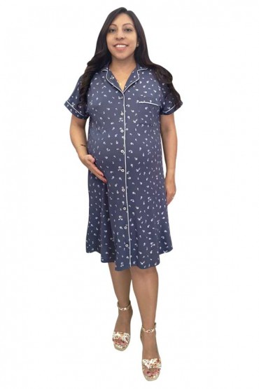 Camisero Maternidad y Lactancia Algodon Pima Paige MC Azul Flores Blancas